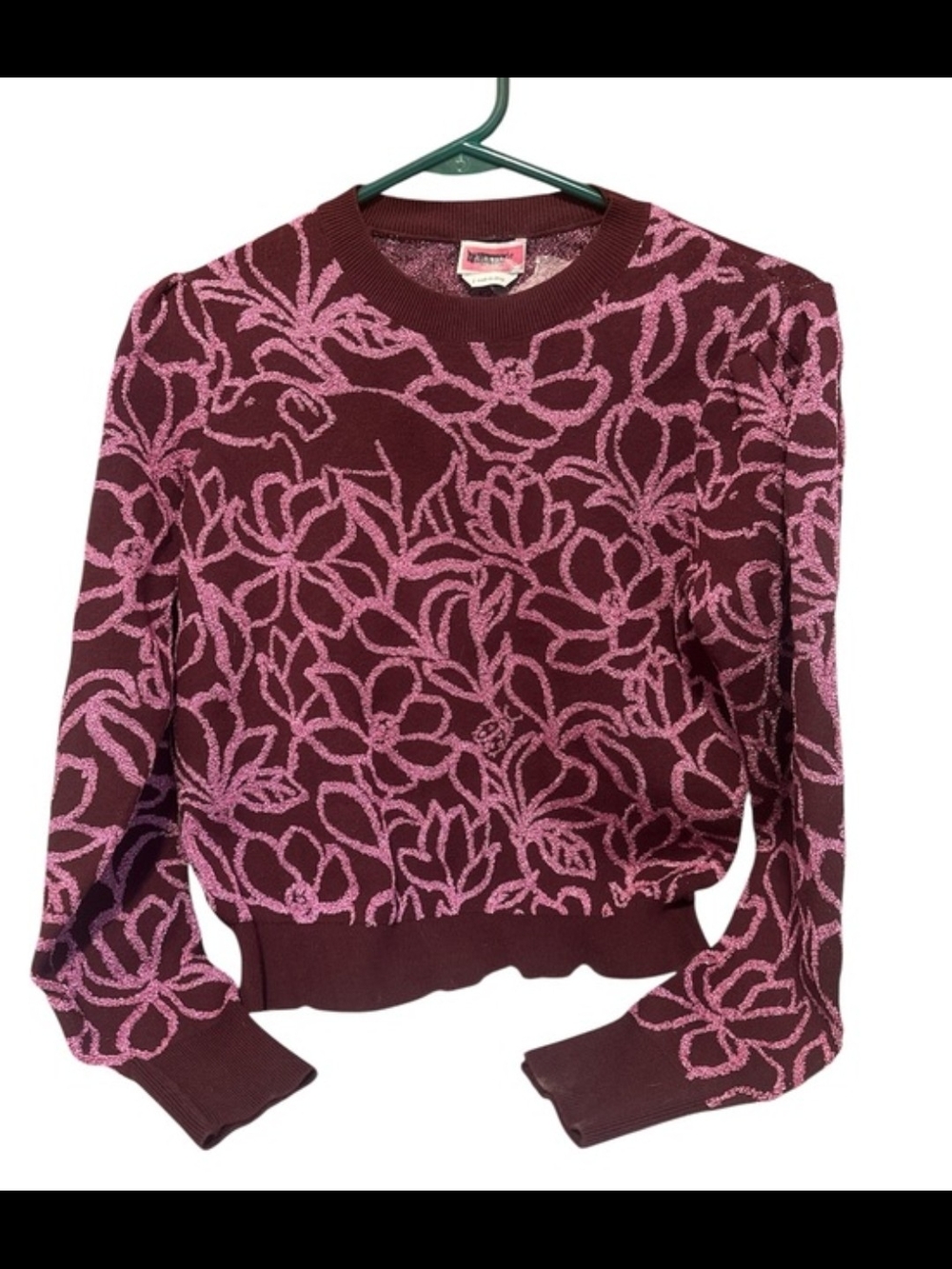 kate spade Burgundy Crewneck Sweater with Pink Floral Jacquard